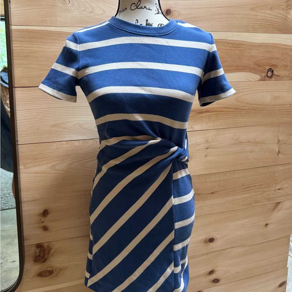 Tanya Taylor Navy and Cream Striped Knot-Front Mini Dress